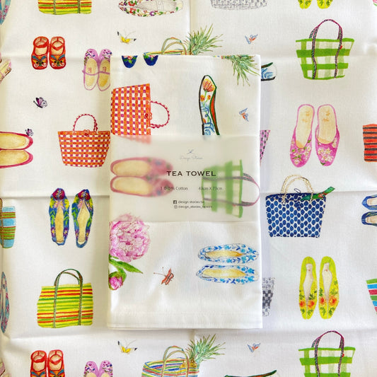 Traditional bags and shoes Tea towel
