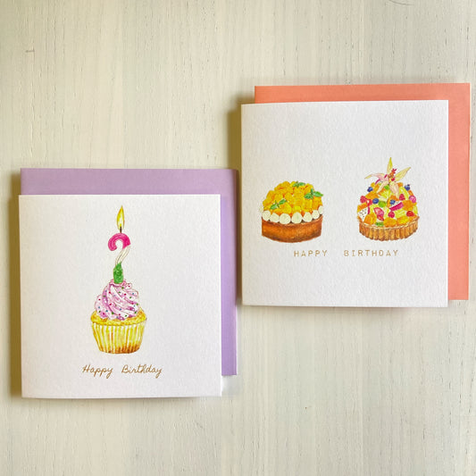Set of 2 birthday cards with cupcakes and tarts